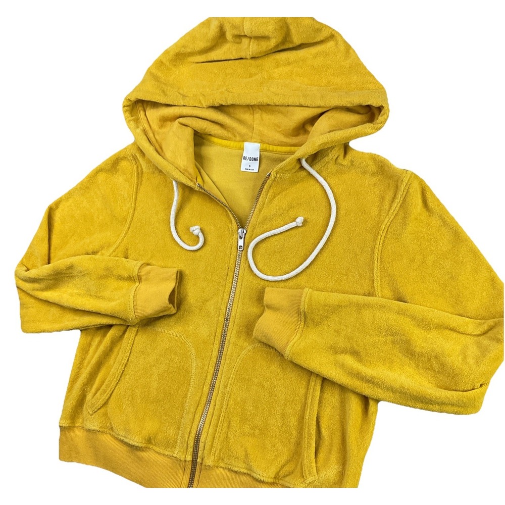 Re/Done Hoodie 90s Terry Full‎ Zip Yellow Long Sleeve Sweatshirt Women Sz S USA